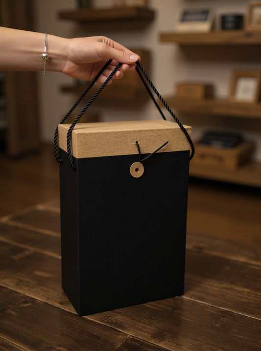 STAR Siyah/Kraft Çift Şarap Hediye Kutusu – İpli Saplı, Kilit Kapaklı – 20×10×33 cm