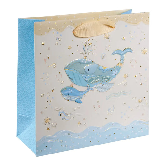 Karton Hediye Çantası – Mavi Balina | 18x8x18 cm | Gold Yaldızlı Lüks Tasarım