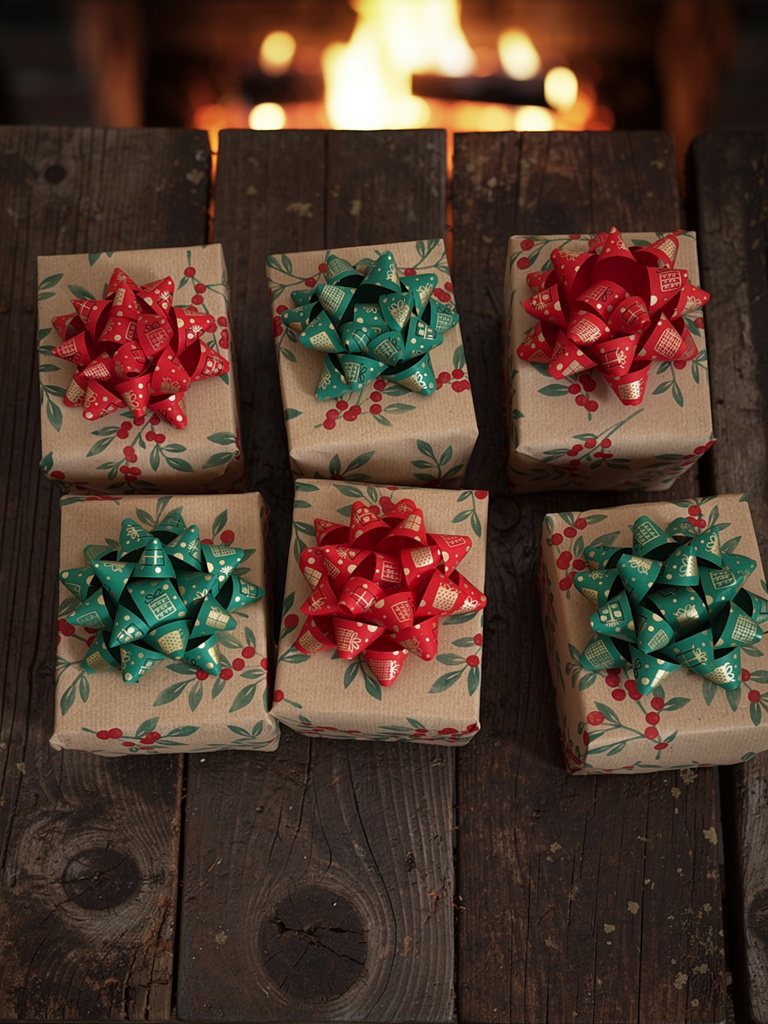 Kırmızı Fiyonk Yıldız Süs Hediye Paketi Süsü 10lu set - Rafya Yapışkanlı 9cm