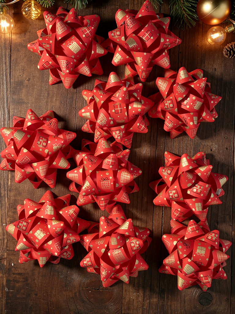 Kırmızı Fiyonk Yıldız Süs Hediye Paketi Süsü 10lu set - Rafya Yapışkanlı 9cm