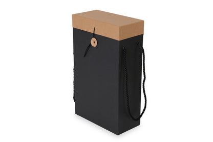 STAR Black/Kraft Double Wine Gift Box with Rope Handles & Lock Lid – 20×10×33 cm