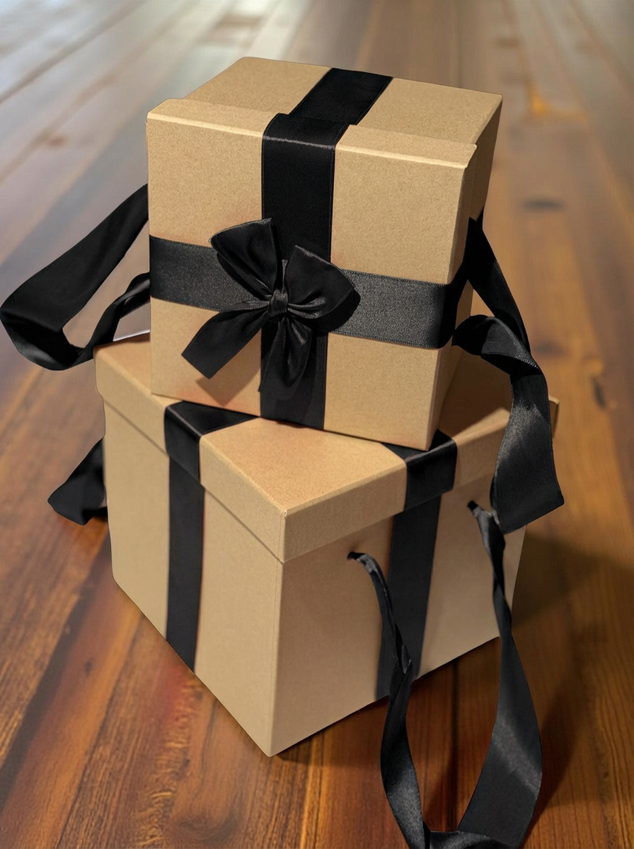 STAR Kraft Hediye Kutusu Seti – 2’li Street Boxes | Elde Tutmalı Siyah Saten Kurdeleli | 22x22x20 cm & 18x18x15 cm