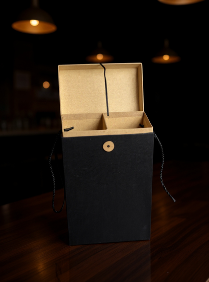 STAR Black/Kraft Double Wine Gift Box with Rope Handles & Lock Lid – 20×10×33 cm