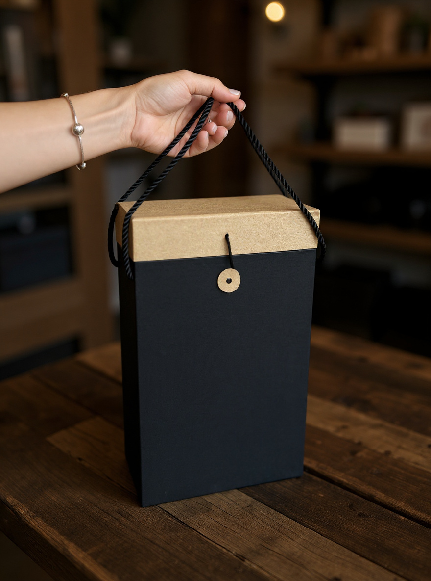 STAR Black/Kraft Double Wine Gift Box with Rope Handles & Lock Lid – 20×10×33 cm