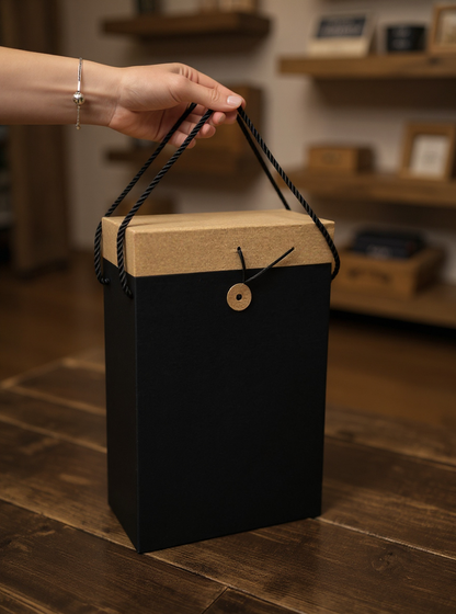 STAR Black/Kraft Double Wine Gift Box with Rope Handles & Lock Lid – 20×10×33 cm