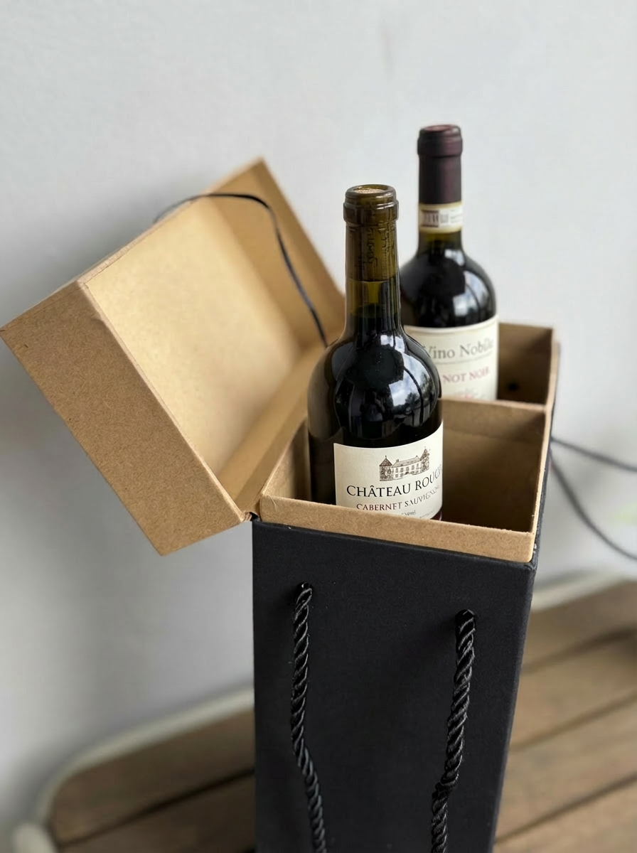 STAR Black/Kraft Double Wine Gift Box with Rope Handles & Lock Lid – 20×10×33 cm