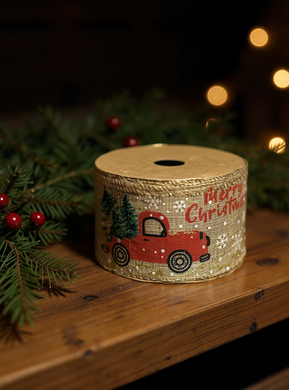 STAR XMAS Truck Burlap Ribbon – 63 mm x 10 m | Holiday Gift Wrapping Ribbon