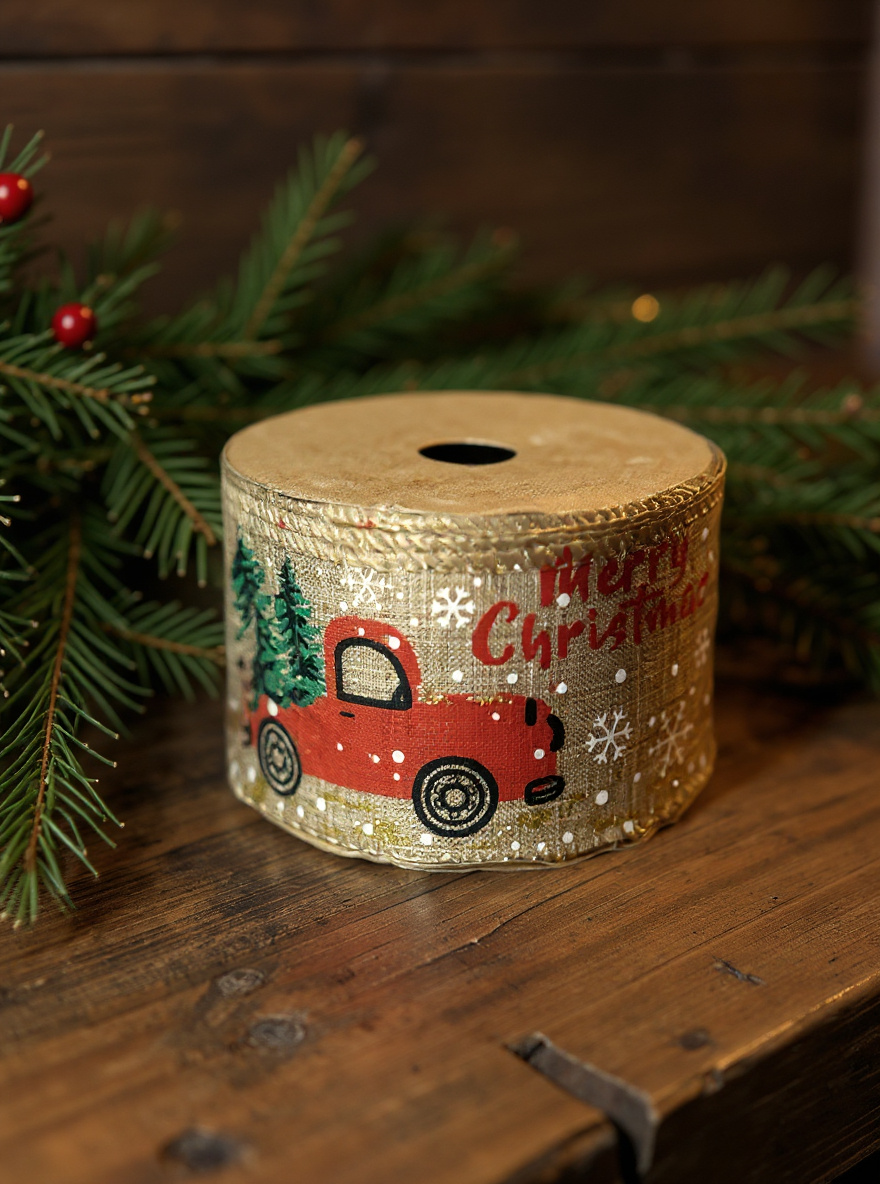 STAR XMAS Truck Burlap Ribbon – 63 mm x 10 m | Holiday Gift Wrapping Ribbon