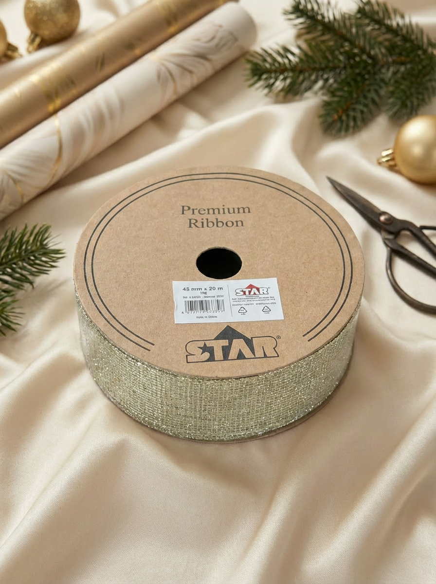 STAR Trilly Sarı Simli Dekoratif Kurdele - 40 mm × 20 m | Hediye Paketi ve Yılbaşı Dekoru