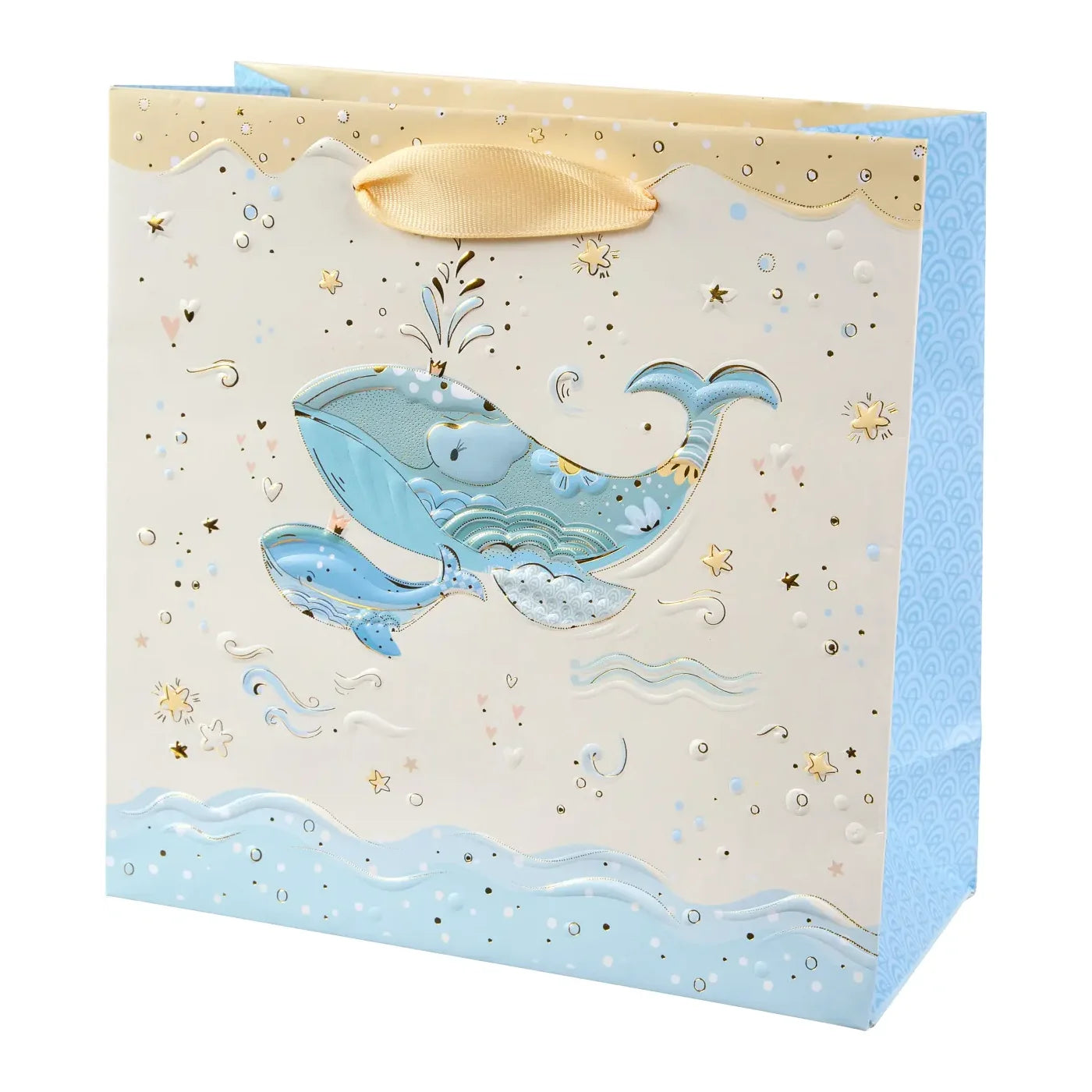Karton Hediye Çantası – Mavi Balina | 18x8x18 cm | Gold Yaldızlı Lüks Tasarım