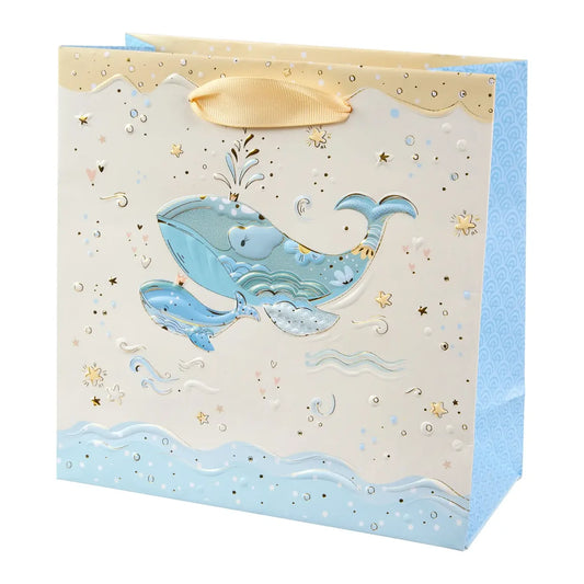 Karton Hediye Çantası – Mavi Balina | 18x8x18 cm | Gold Yaldızlı Lüks Tasarım