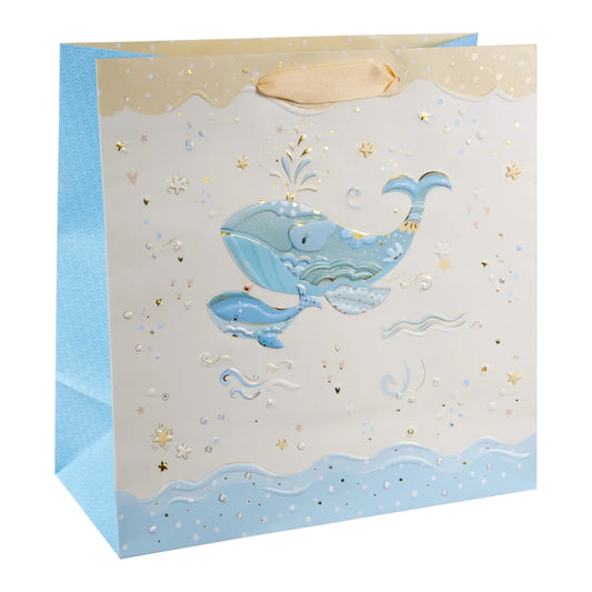 Karton Hediye Çantası – Mavi Balina | 27x13x27 cm | Gold Yaldızlı Lüks Tasarım
