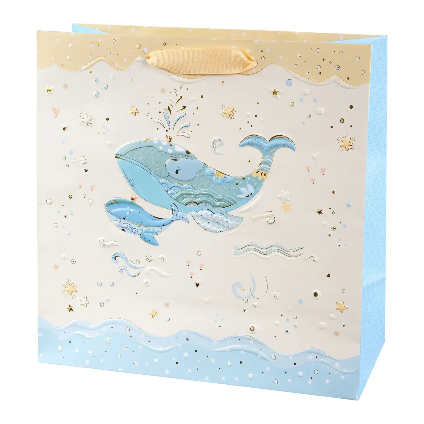Karton Hediye Çantası – Mavi Balina | 27x13x27 cm | Gold Yaldızlı Lüks Tasarım