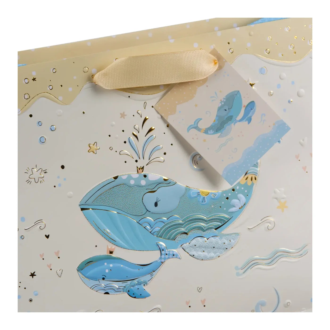 Karton Hediye Çantası – Mavi Balina | 27x13x27 cm | Gold Yaldızlı Lüks Tasarım