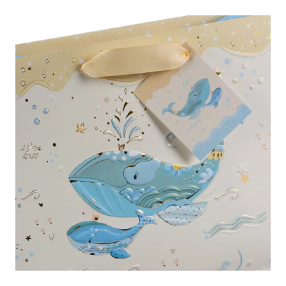 Karton Hediye Çantası – Mavi Balina | 27x13x27 cm | Gold Yaldızlı Lüks Tasarım