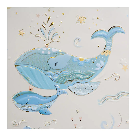 Karton Hediye Çantası – Mavi Balina | 27x13x27 cm | Gold Yaldızlı Lüks Tasarım