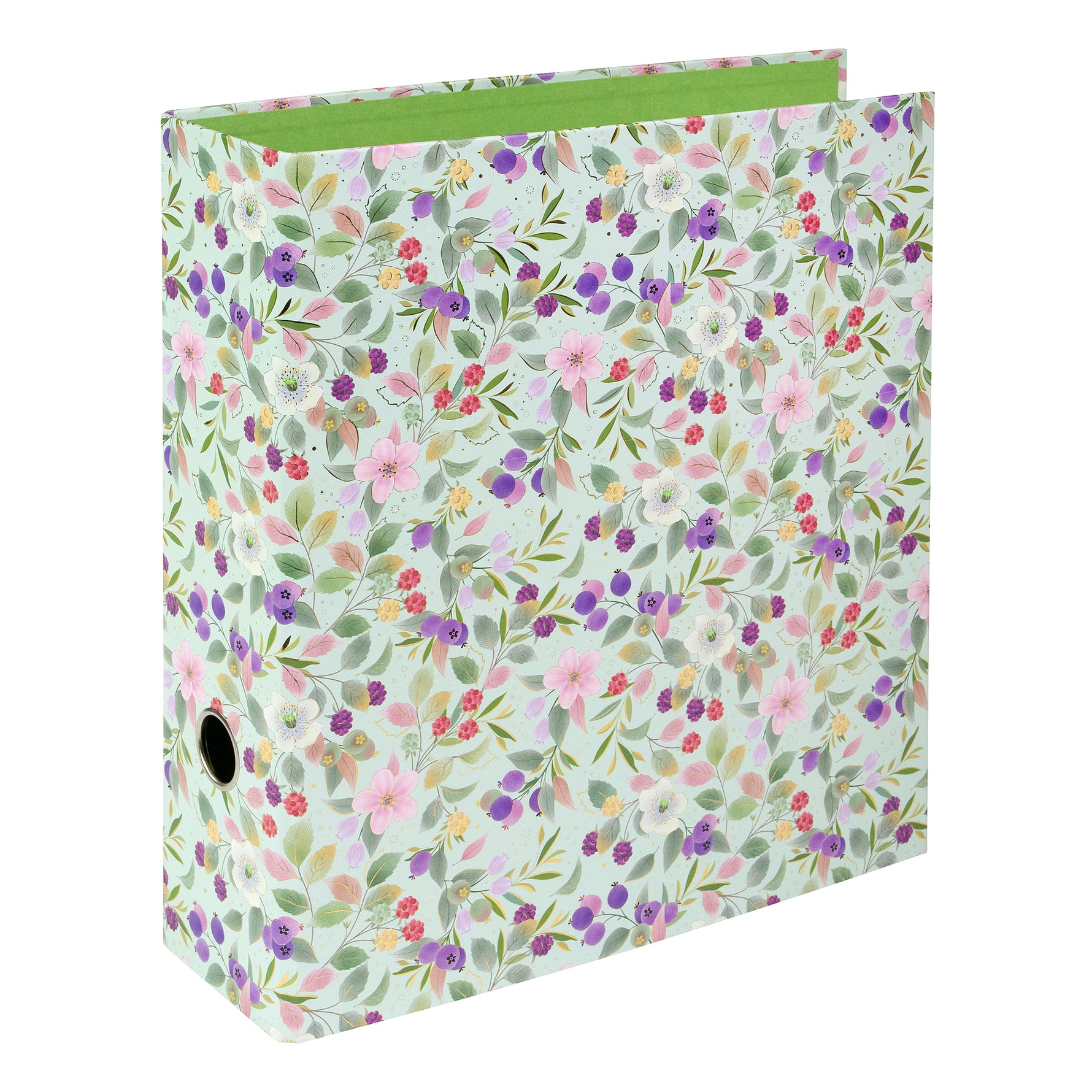 Blissful Blossom Çiçekli A4 Klasör - 8 cm | Kollu Mekanizmalı | Altın Yaldızlı, Yeşil